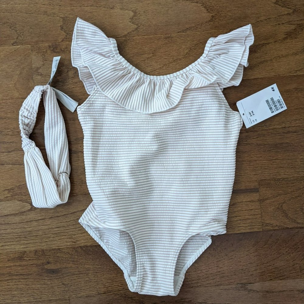 NWT H&M size 2-4y pink and white striped swimsuit with headband